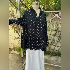 Black and Light Blue Polka Dot Peplum Blouse